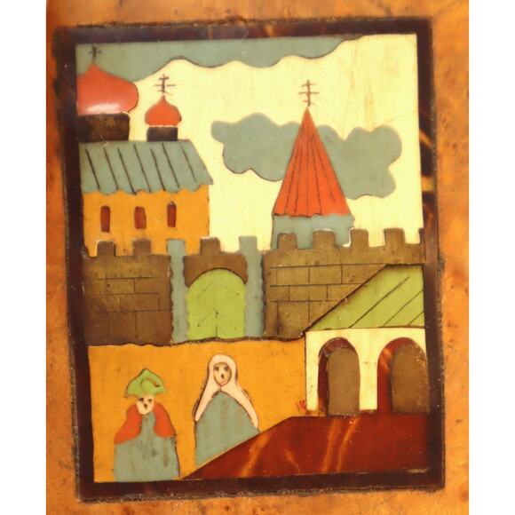 Russian Imperial Era Burl Cigarette Box Inlaid Babushka Scene Lid - Picture 3 of 10